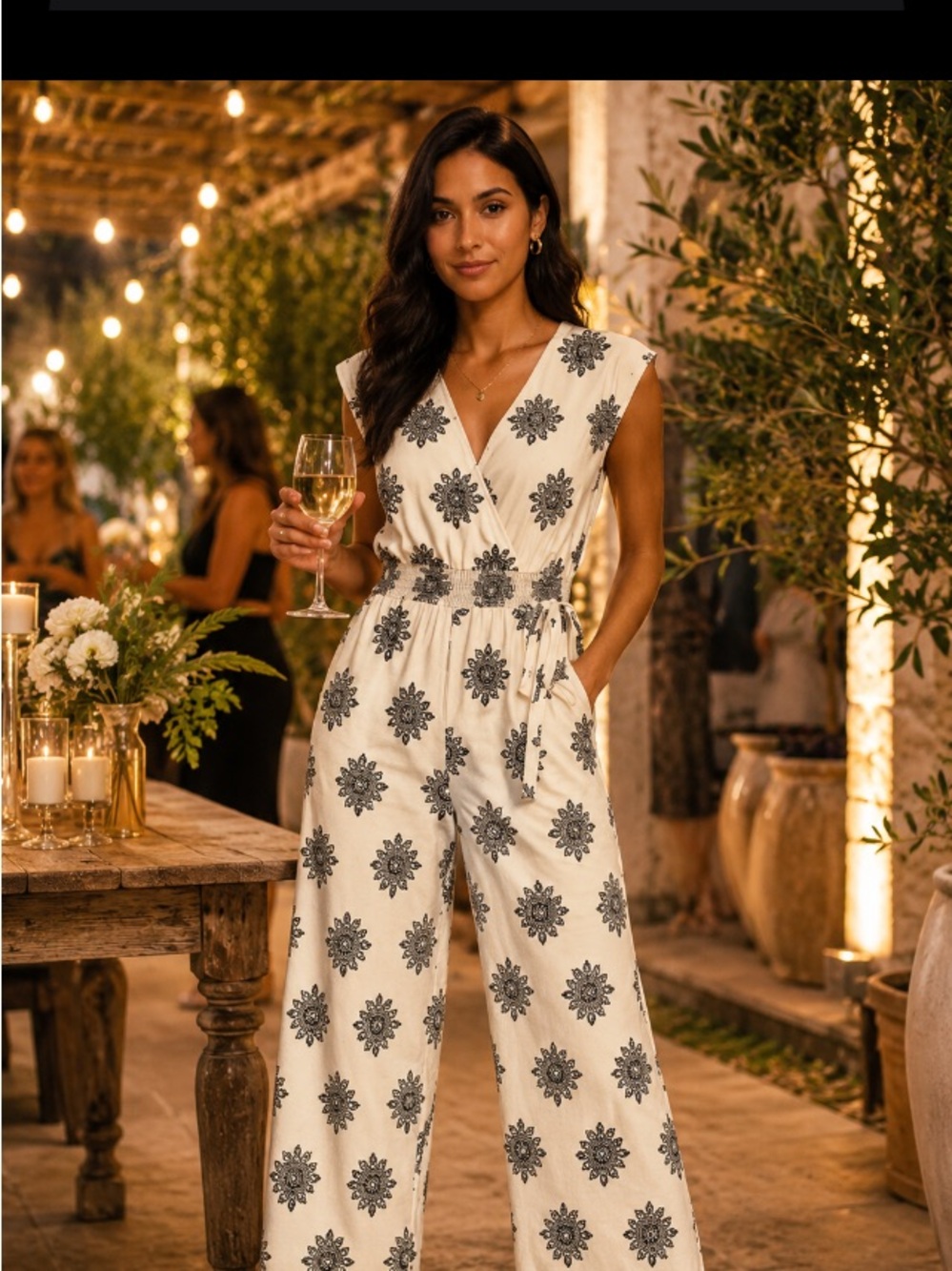 Dress Nado Embroidered Linen Blend Wide Leg Jumpsuit Size L Ivory Black